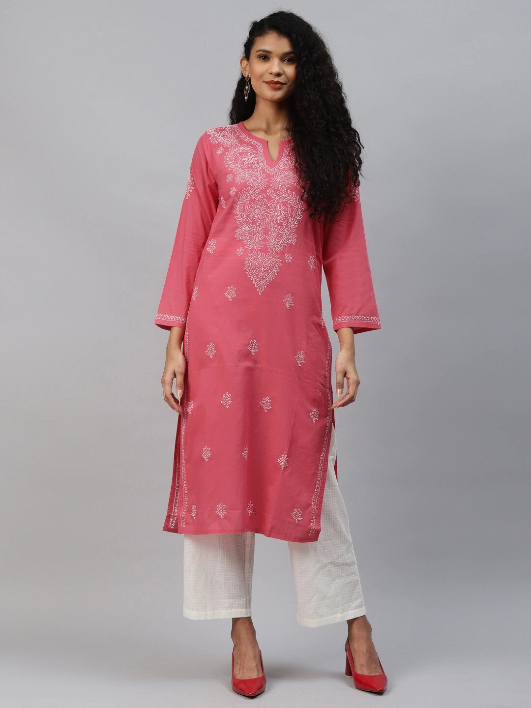 Ada Hand Embroidered Carrot Pink Cotton Lucknow Chikankari Kurta A207902