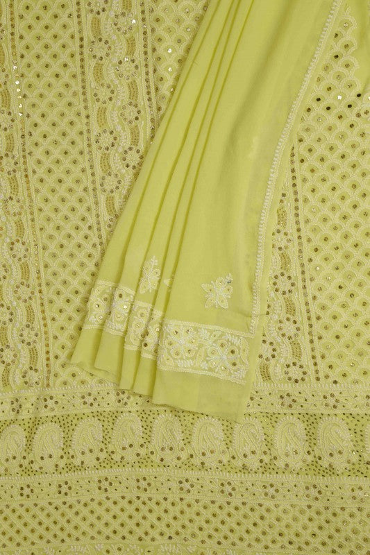 Ada Hand Embroidered Lime Green Pure Georgette Lucknowi Chikan Unstitched Kurta-Dupatta set With Muqaish Work–A532931