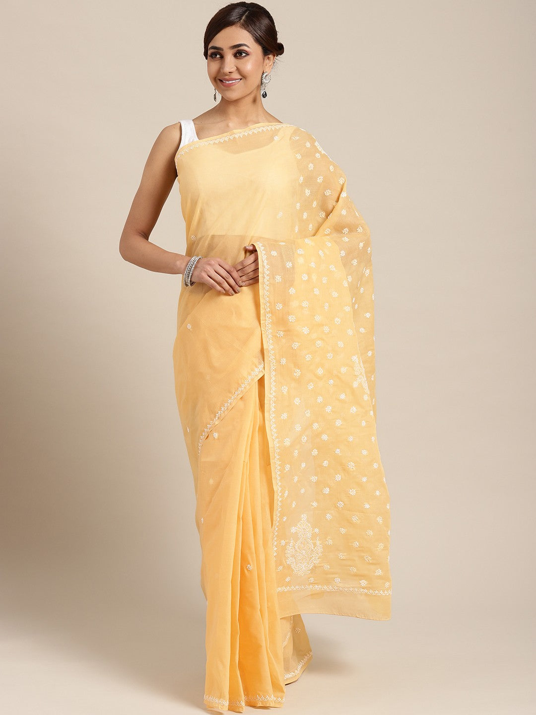 Ada Hand Embroidered Fawn Cotton Lucknow Chikan Saree with Blouse  A100133