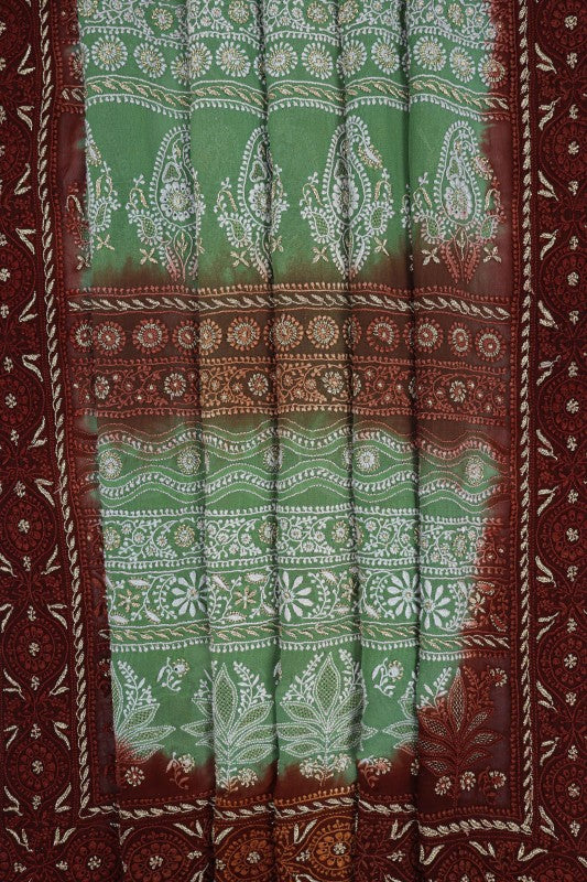 Ada Hand Embroidered Green Dual Shade Pure Georgette Lucknow Chikan Saree/Blouse with Gota Patti Work A50140