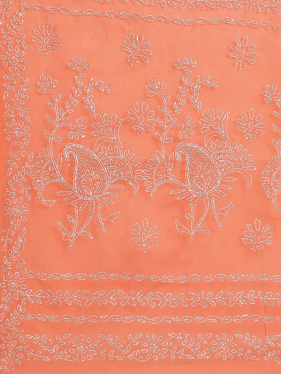 Ada Hand Embroidered Rust Cotton Lucknow Chikan Saree With Blouse- A311125