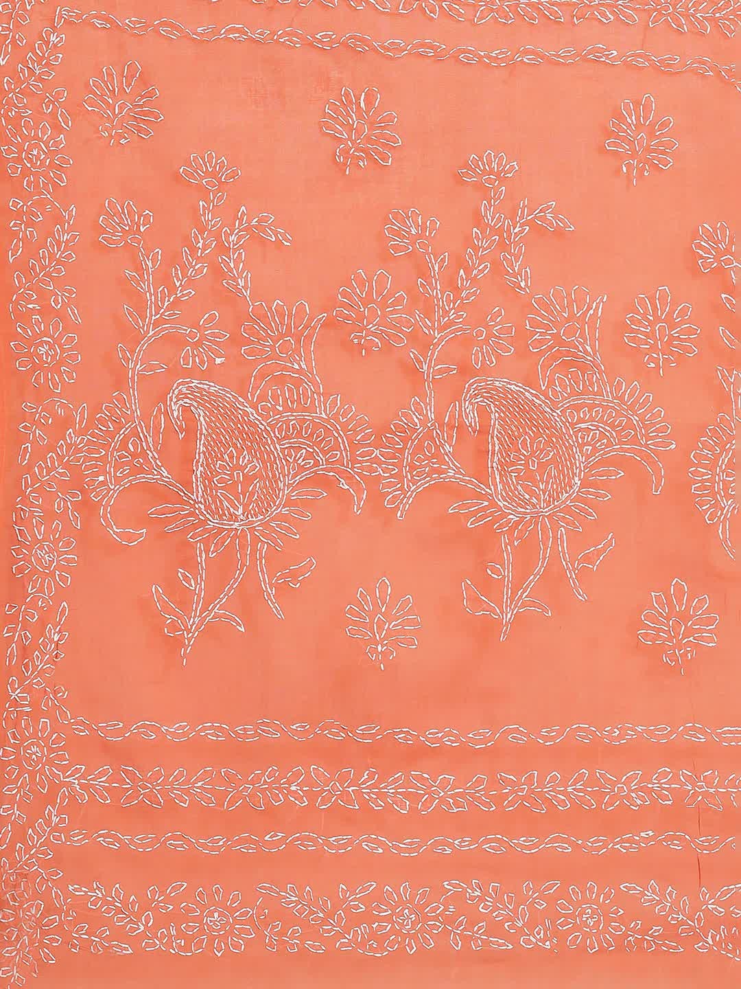 Ada Hand Embroidered Rust Cotton Lucknow Chikan Saree With Blouse- A311125