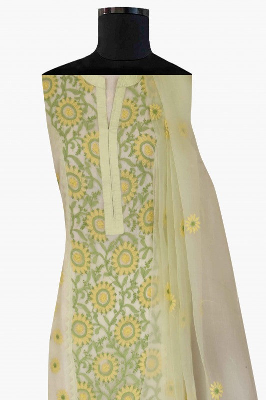 Ada Hand Embroidered Lemon Organza Lucknowi Chikan Unstitched Kurta Dupatta Set -A587997