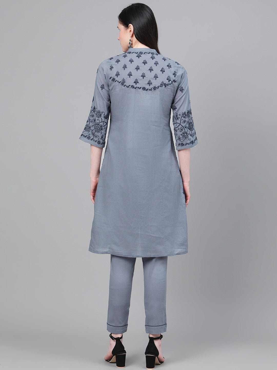 Ada Hand Embroidered Grey Cotton Lucknowi Chikankari Straight Kurta With Trouser Set A811156