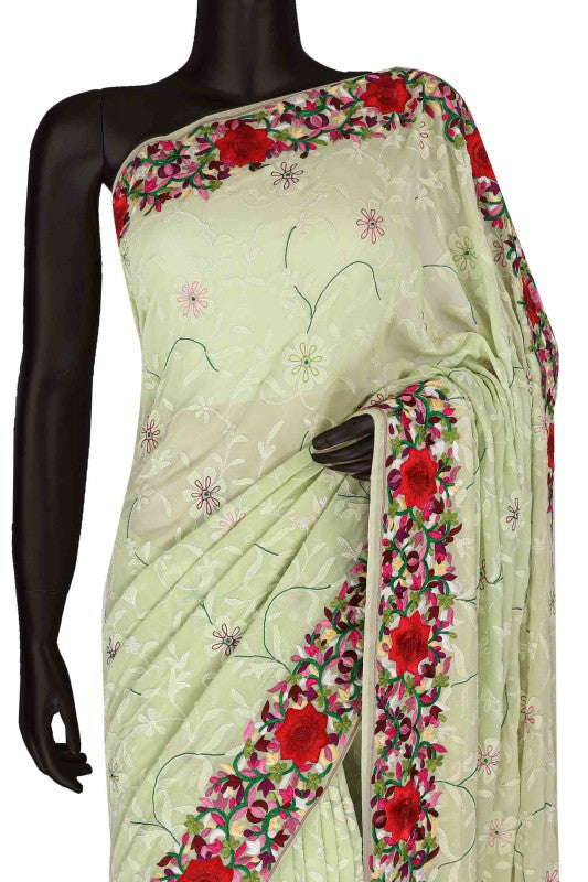 Ada Hand Embroidered Pistachio Green Pure Georgette Lucknow Chikan Saree With Blouse- A94298