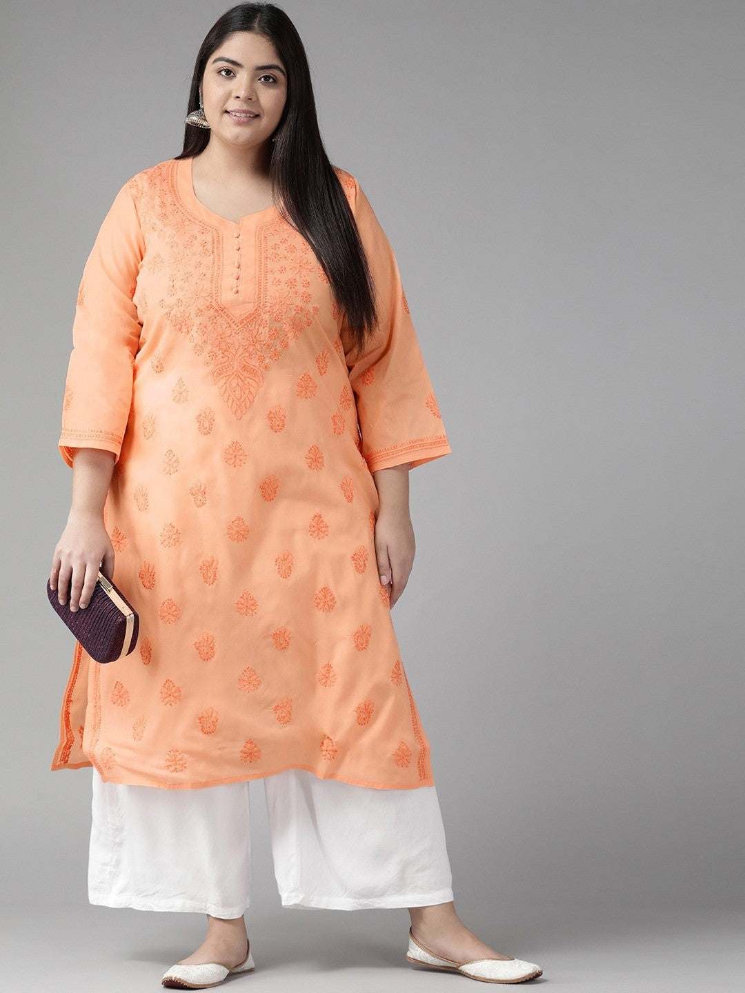 Ada Hand Embroidered Peach Cotton Lucknowi Chikankari Straight Kurta A231406