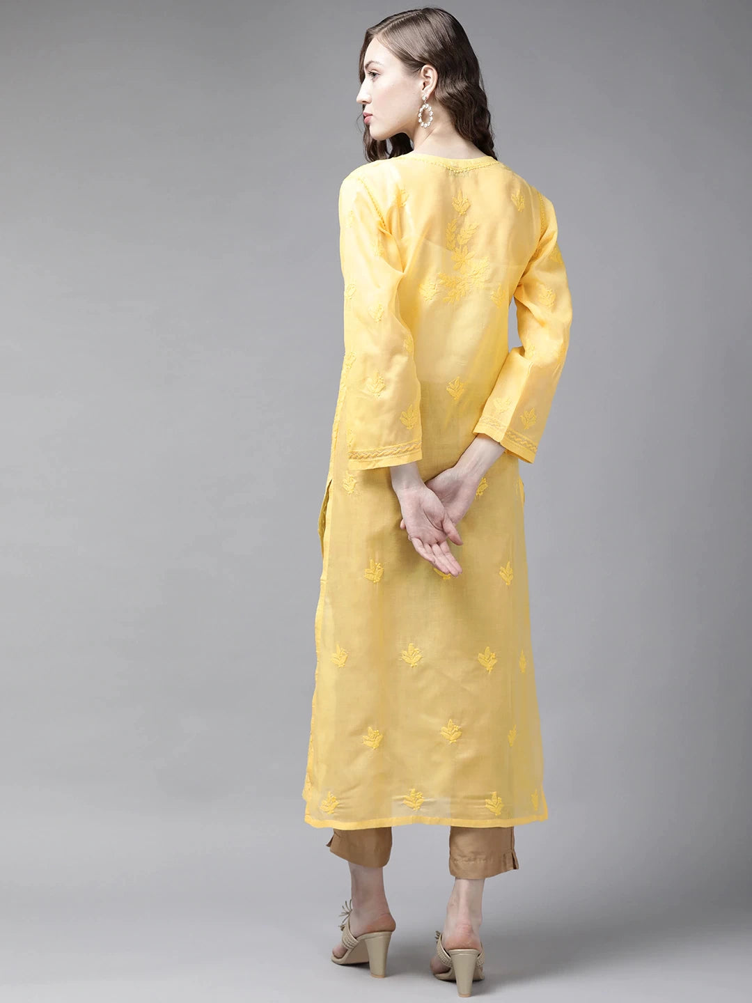 Ada Hand Embroidered Yellow Cotton Lucknow Chikan Straight Kurta A411247