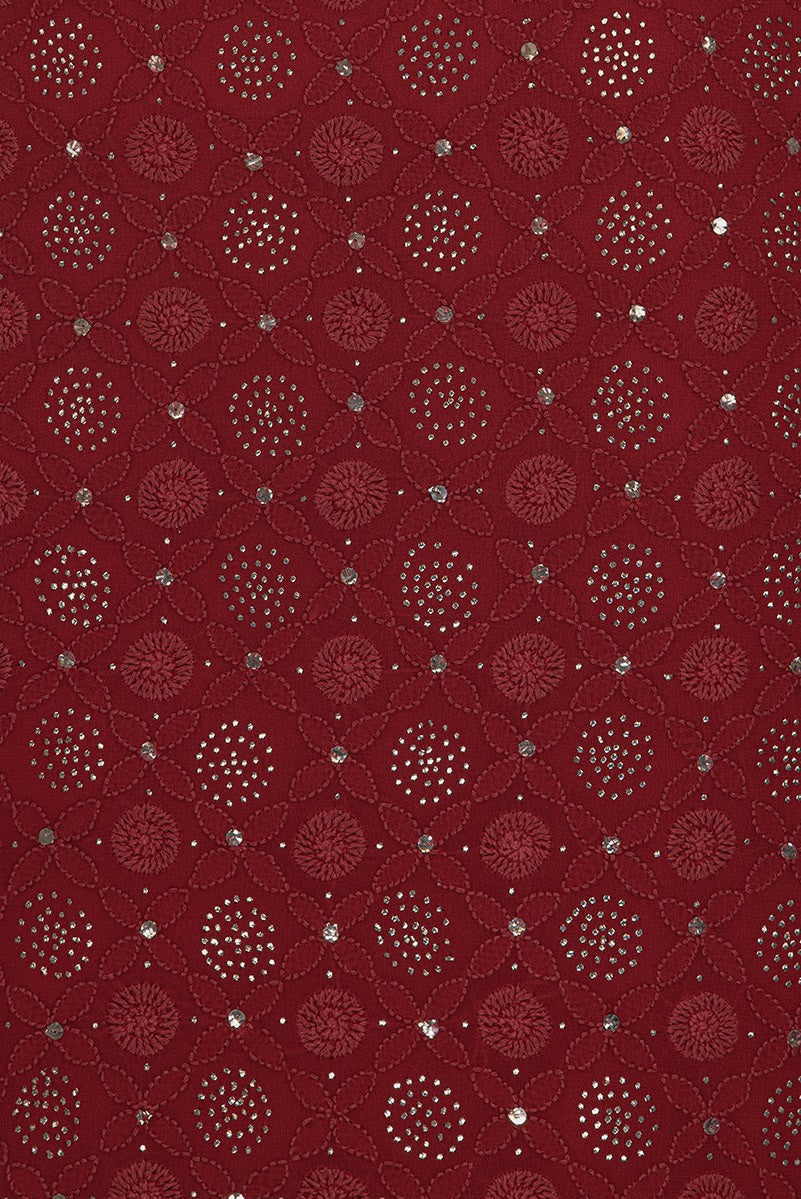 Ada Hand Embroidered Garnet Red Georgette Lucknowi Chikan Unstitched Kurta Dupatta Set With Muqaish Work- A610637