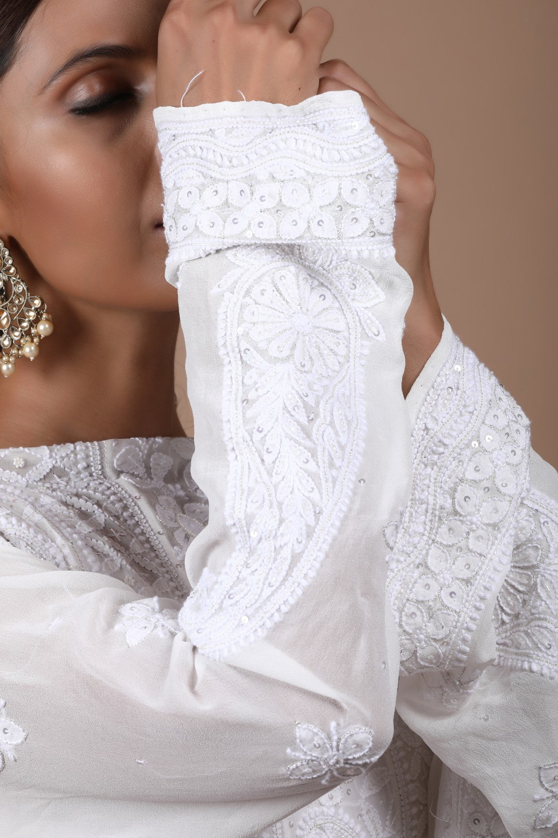 Ada Hand Embroidered White Pure Georgette Lucknowi Chikankari Semi-Stitched Anarkali Kurta Dupatta Set With Pearl Work 01A238020