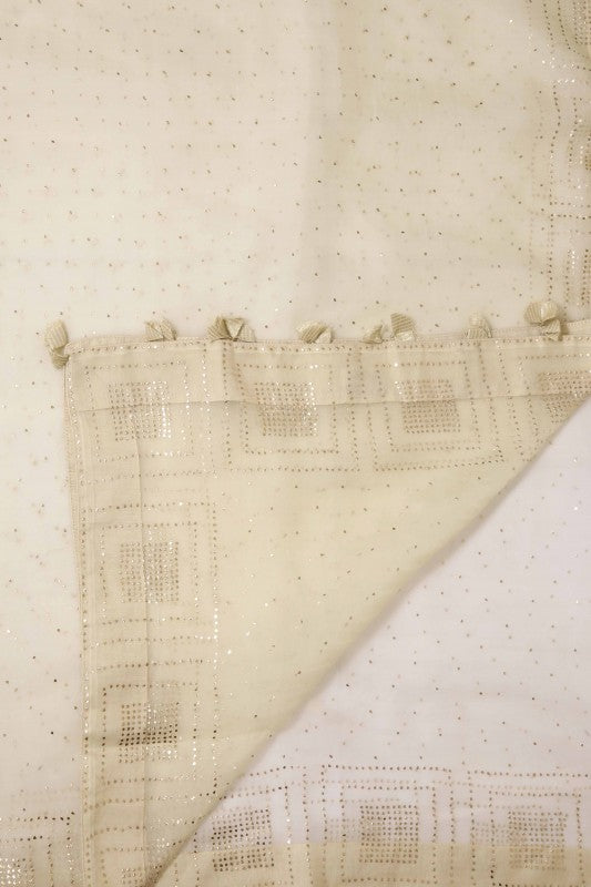 Ada Hand Embroidered Cream Organza Lucknowi Chikankari Dupatta with Muqaish Work - A585051