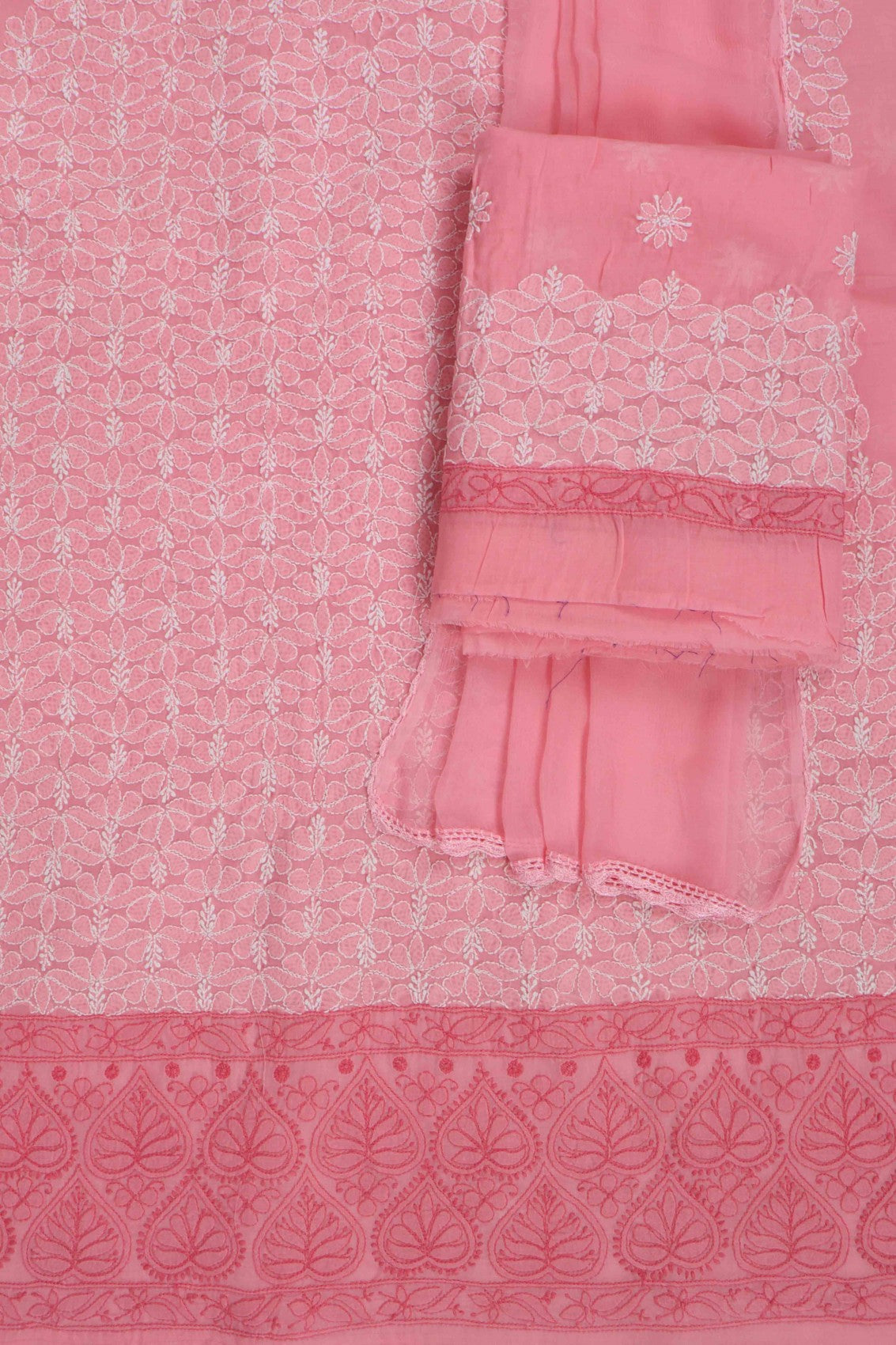 Ada Hand Embroidered Salmon Peach Cotton Lucknowi Chikankari Unstitched Suit Piece 01A189030