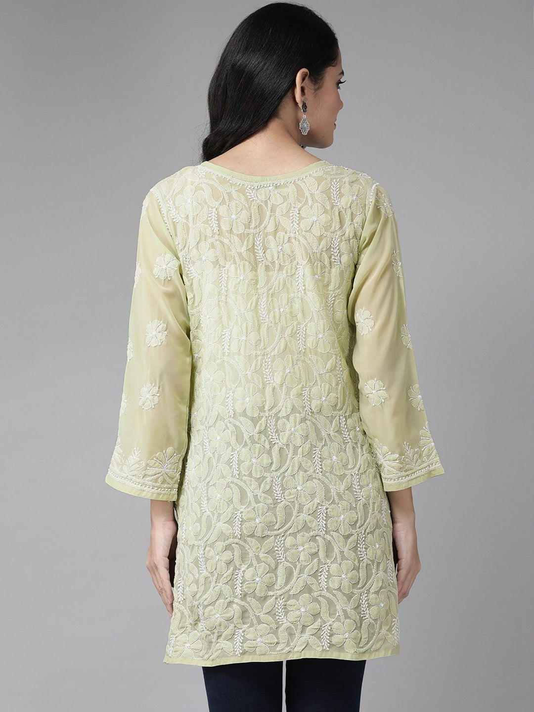 Ada Hand Embroidered Sage Green Georgette Lucknow Chikan Kurti A911121