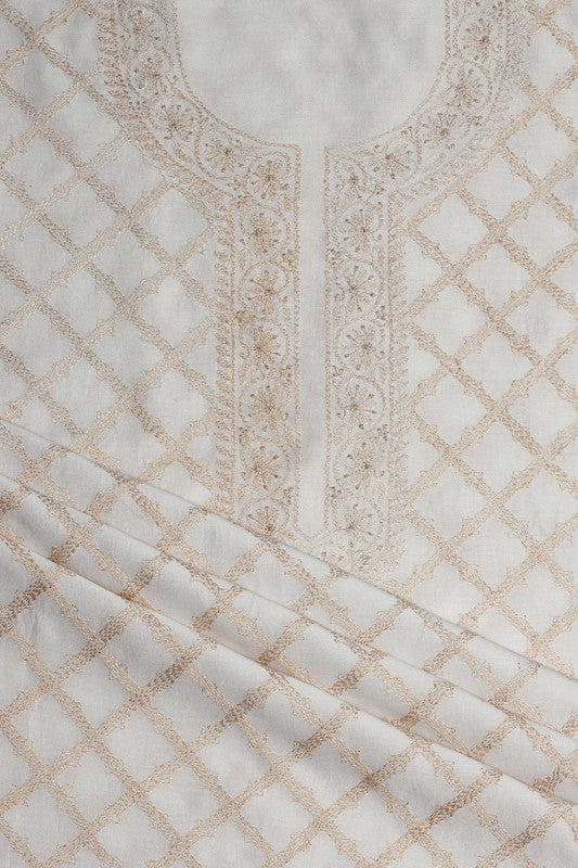 Ada Hand Embroidered Cream Chanderi Lucknowi Chikan Unstitched Kurta Piece- A422546