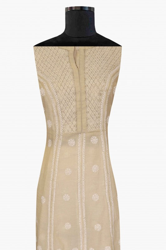 Ada Hand Embroidered Natural Fawn Tissue Lucknowi Chikan Semi-Stitched Kurta Piece With Muqaish Work-A575203