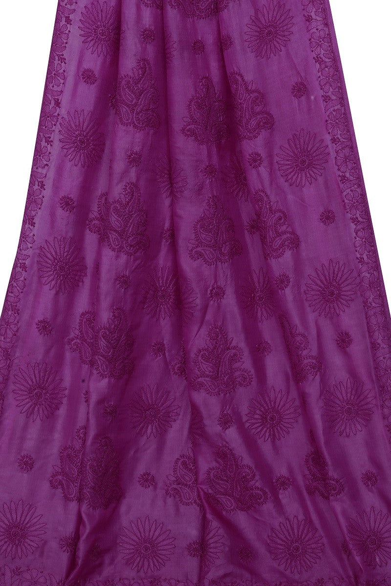 Ada Hand Embroidered Magenta Tusser Silk Lucknowi Chikankari Saree With Blouse- A525189