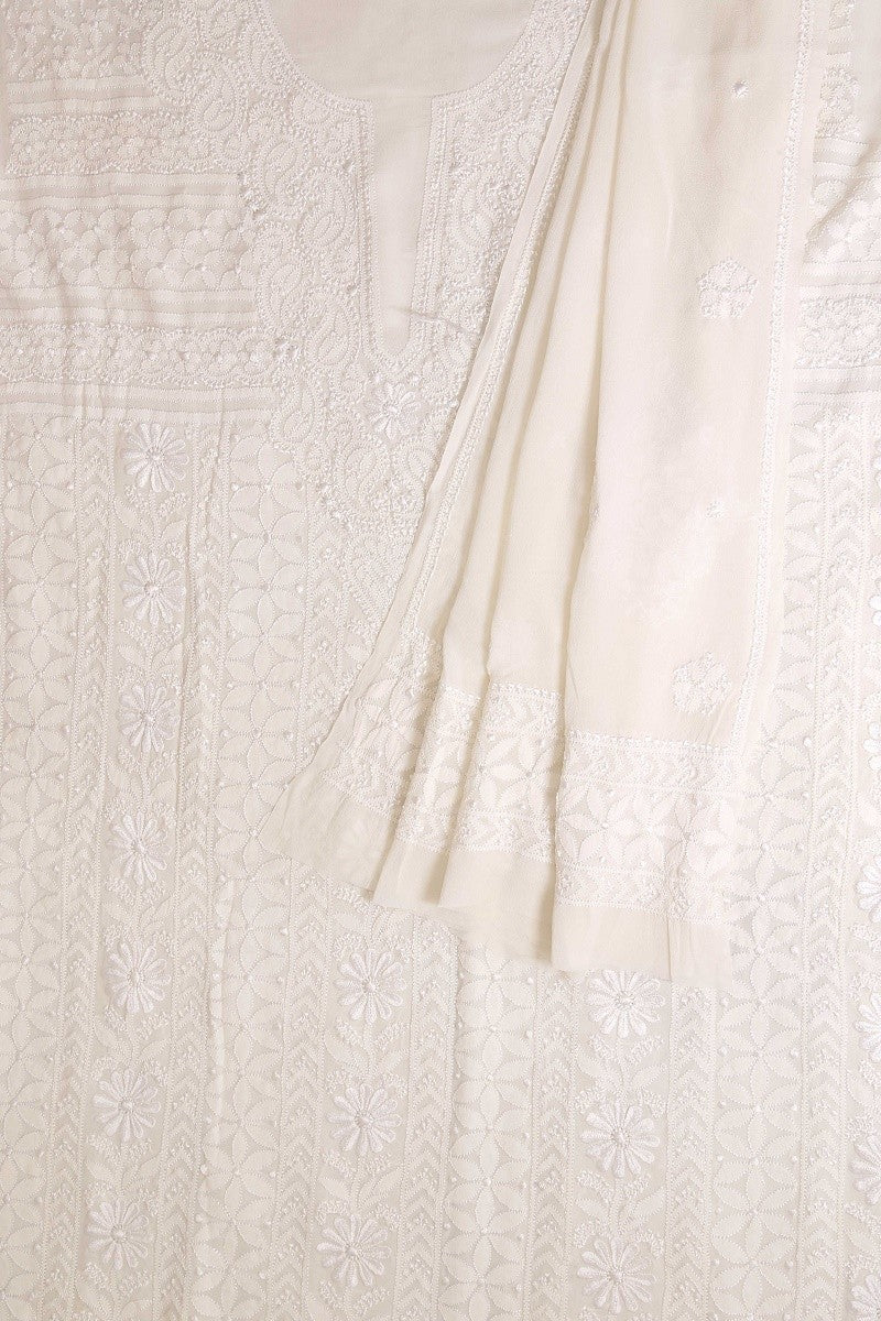 Ada Hand Embroidered White Pure Georgette Lucknowi Chikan Unstitched Kurta Dupatta Set - A590589
