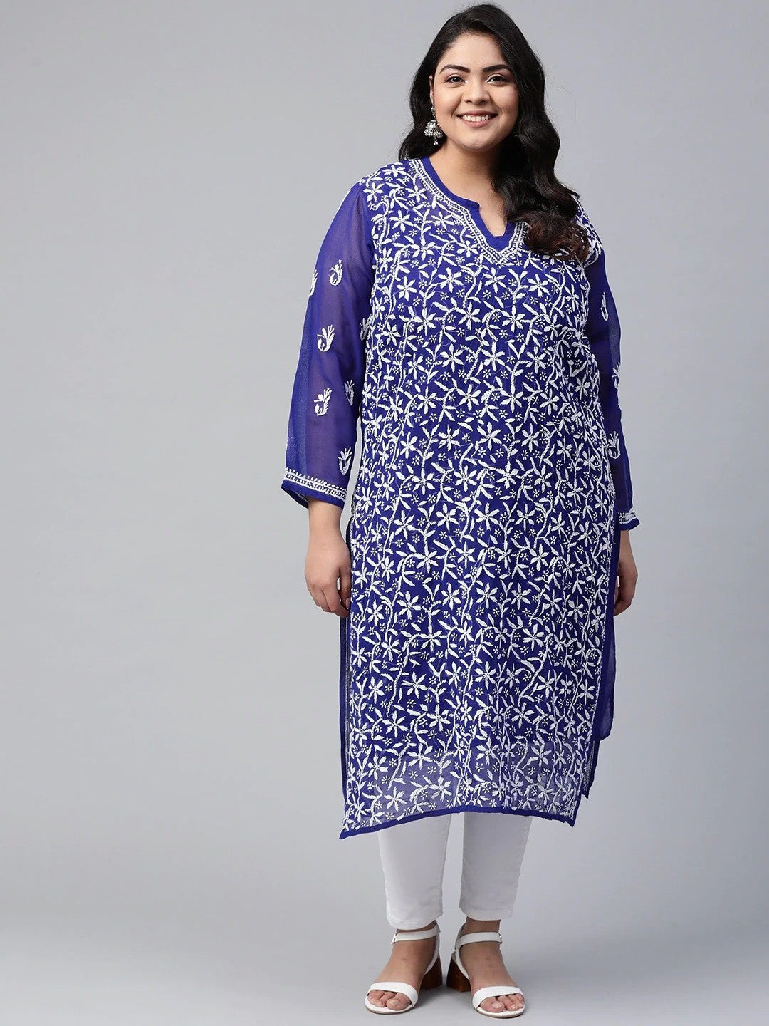 Ada Hand Embroidered Royal Blue Georgette Lucknowi Chikankari Straight Kurta with Slip A100347