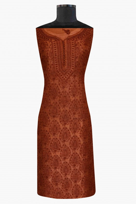 Ada Hand Embroidered Rust Tusser Silk Lucknowi Chikan Unstitched Kurta Piece-A508360