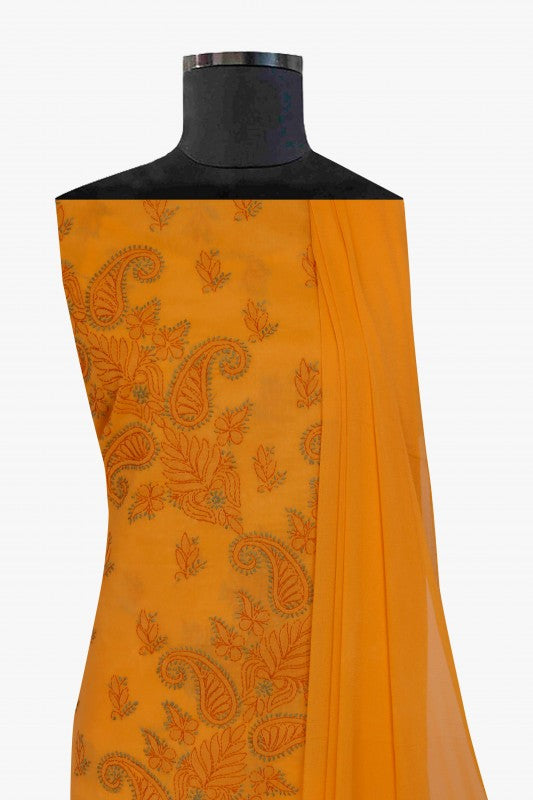 Ada Hand Embroidered Mustard Cotton Lucknowi Chikan Unstitched Suit Piece-A211154
