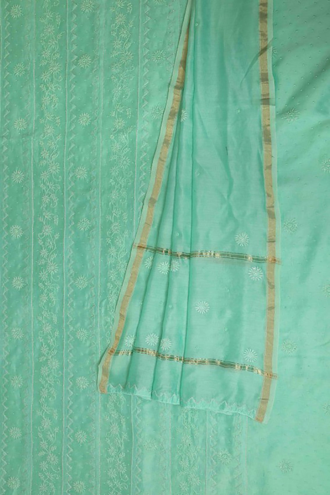 Ada Hand Embroidered Sea Green Chanderi Lucknowi Chikankari Unstitched Kurta Dupatta Set With Pearl Work A497227