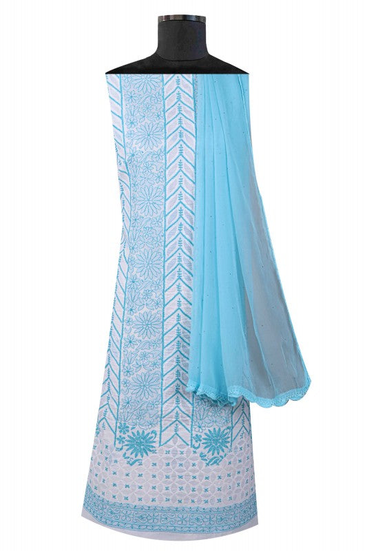 Ada Hand Embroidered White Cotton Lucknowi Chikankari Unstitched Suit Piece 01A27292