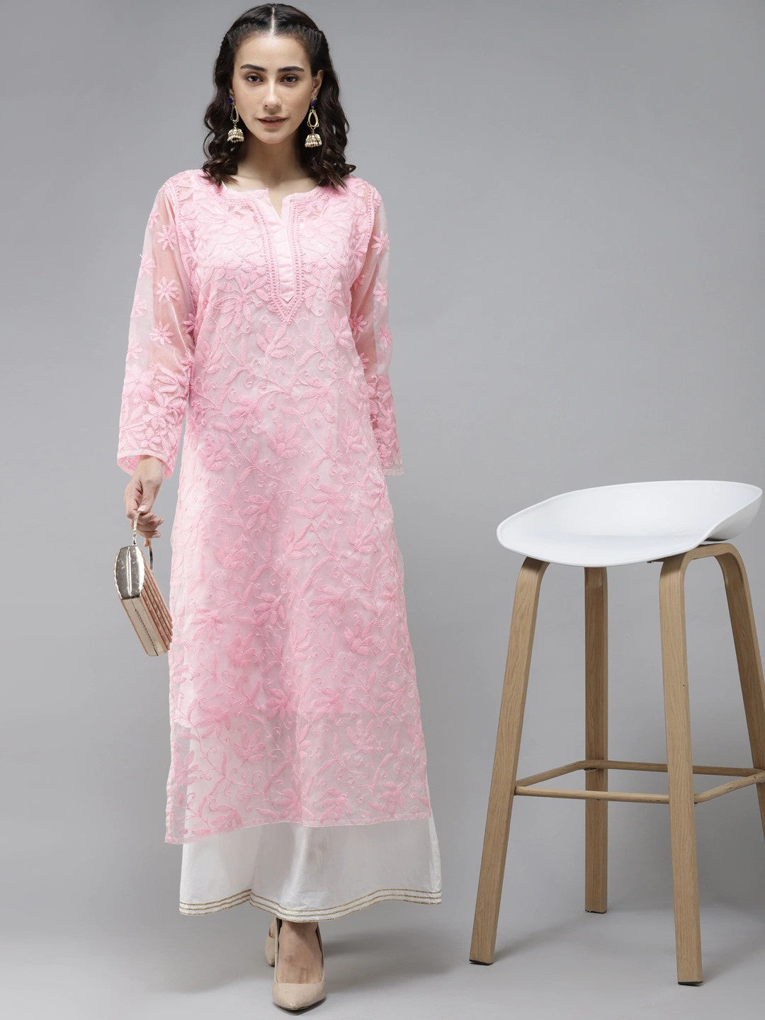 Ada Hand Embroidered Pink Organza Lucknowi Chikankari Straight Kurta With Slip A411237