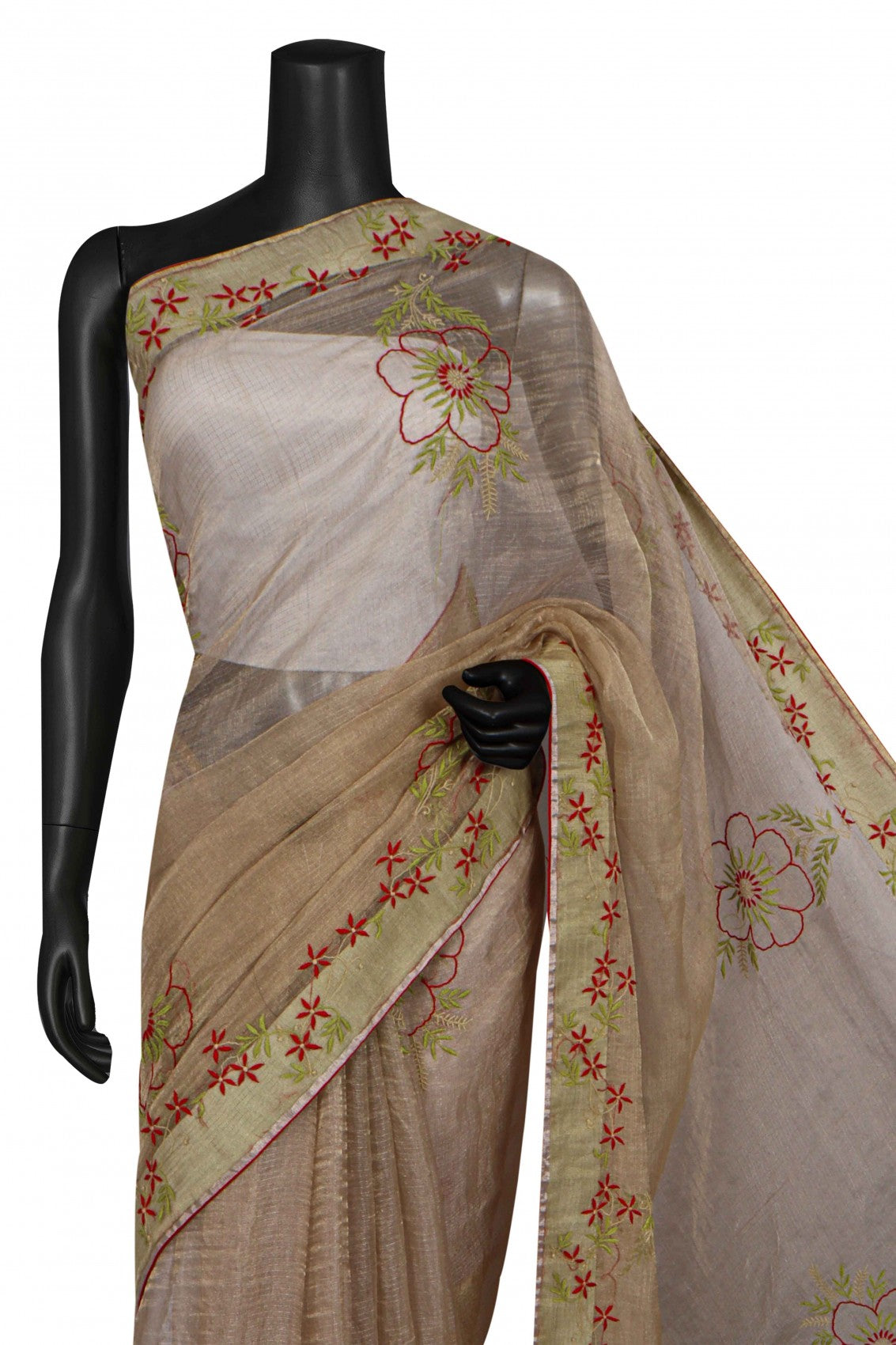 Ada Hand Embroidered Fawn Tissue Lucknowi Chikankari Saree With Blouse 01A622166