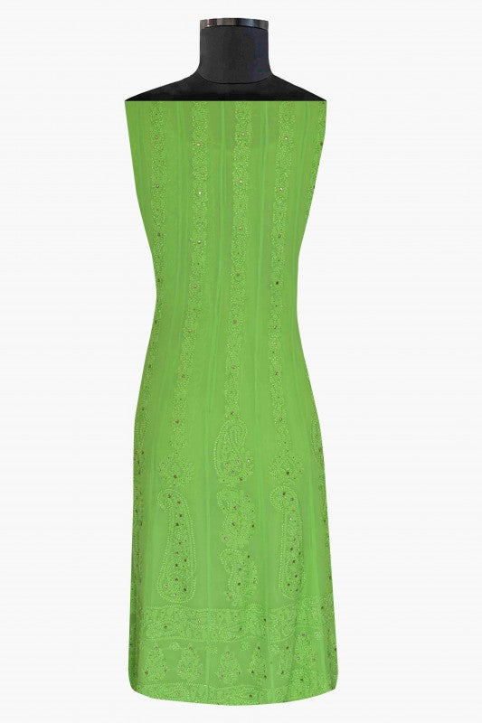 Ada Hand Embroidered Parrot Green Georgette Lucknowi Chikankari Semi-Stitched Anarkali Kurta Dupatta Set With Muqaish Work A619753