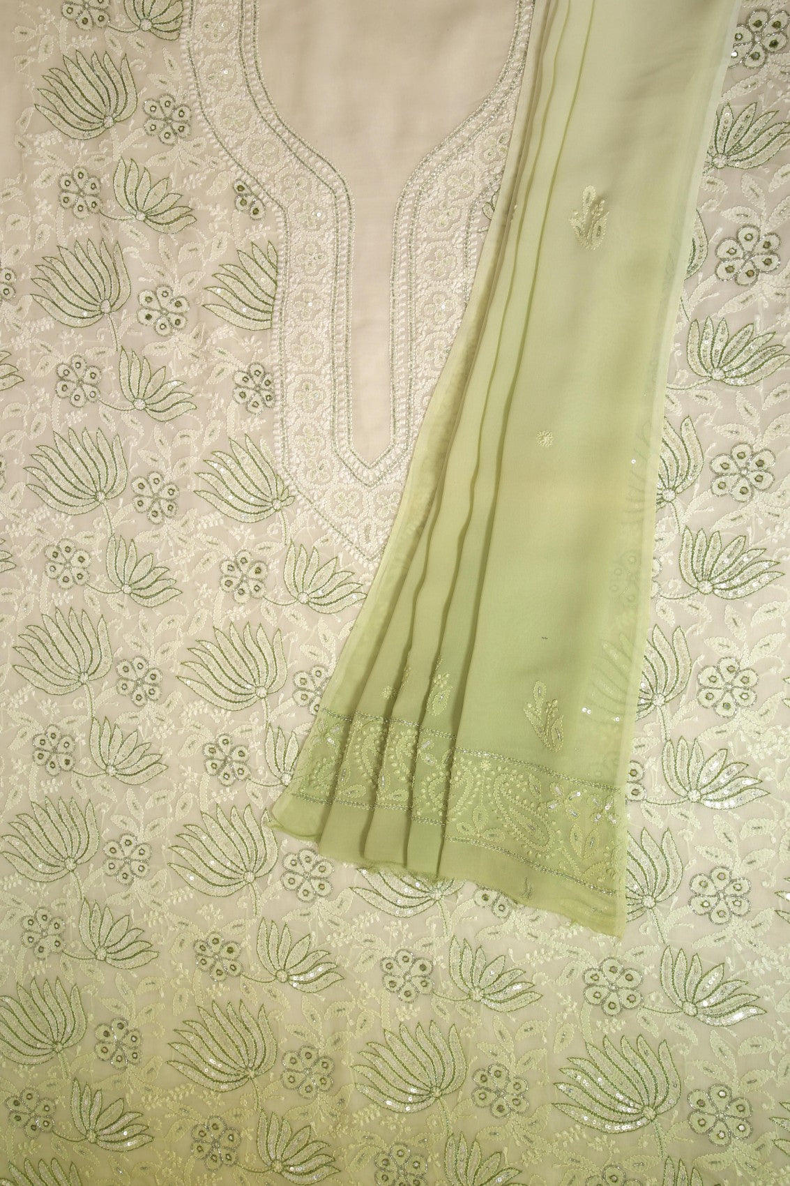 Ada Hand Embroidered Lime Green & Tea Green Ombre Shade Georgette Lucknowi Chikankari Unstitched Kurta Dupatta Set With Cutdana Work 01A255320