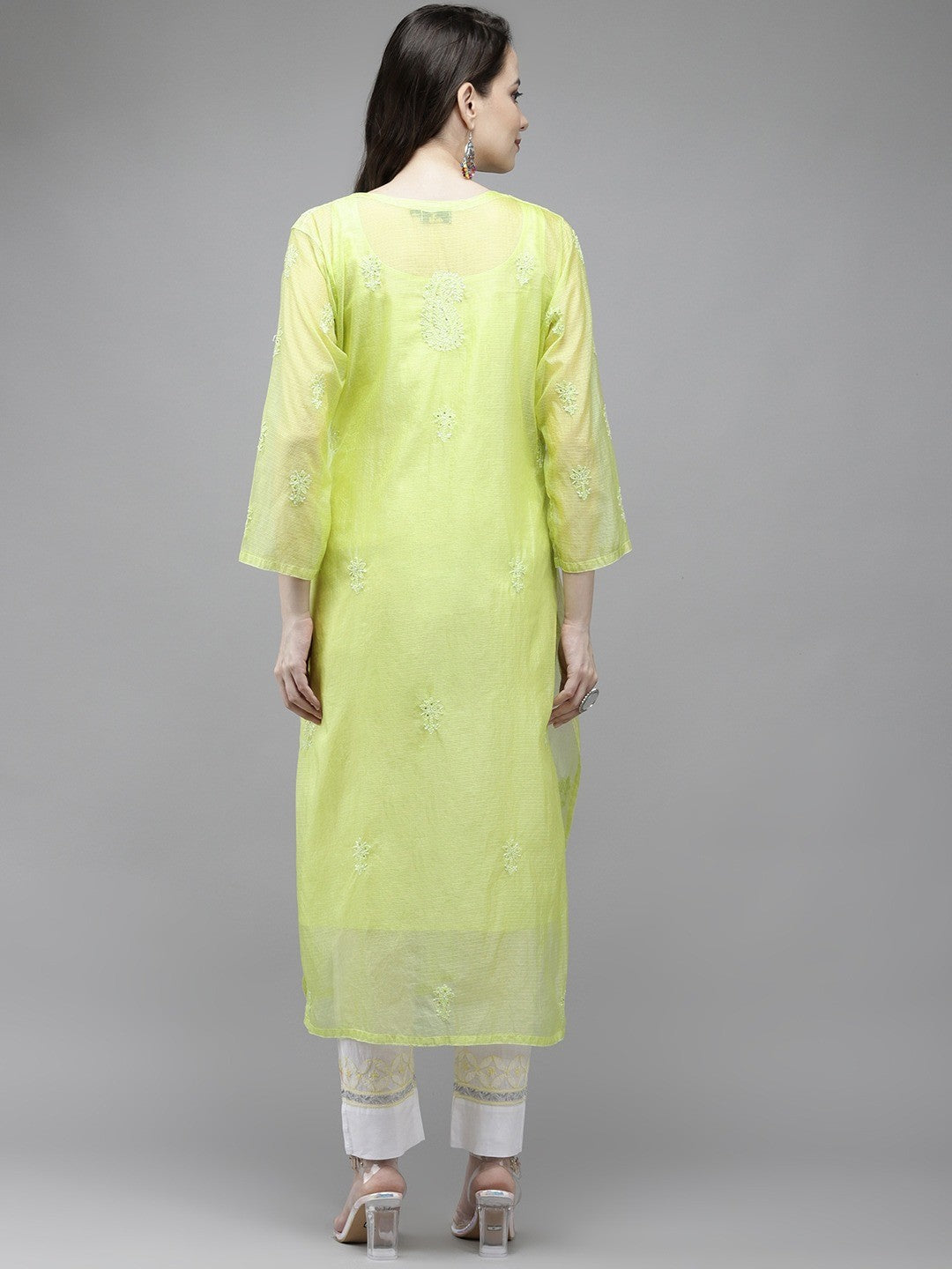 Ada Hand Embroidered Green  Kota Lucknow Chikankari Kurta/Slip With Muqaish Work-A411292