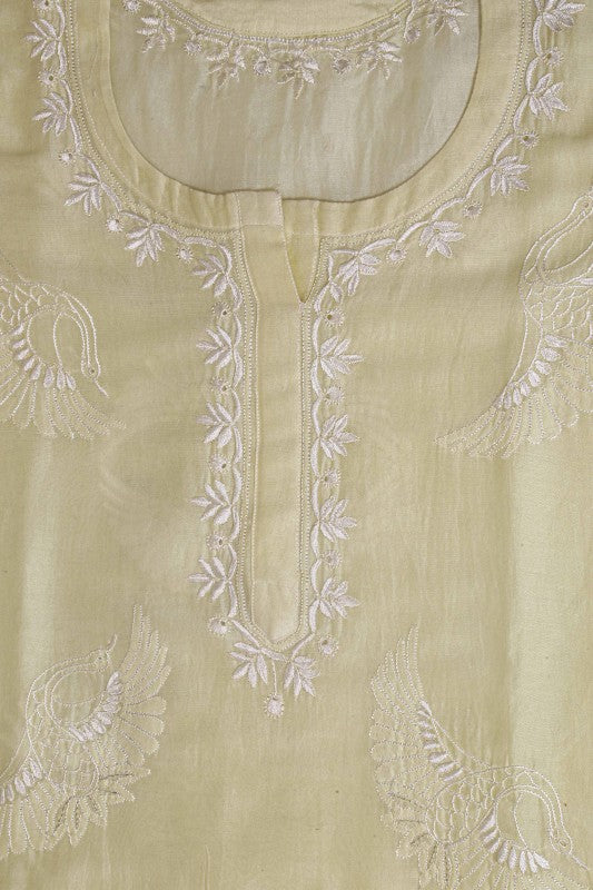 Ada Hand Embroidered Lemon Silk Chikan Unstitched Kurta Piece With Zari Work A534060