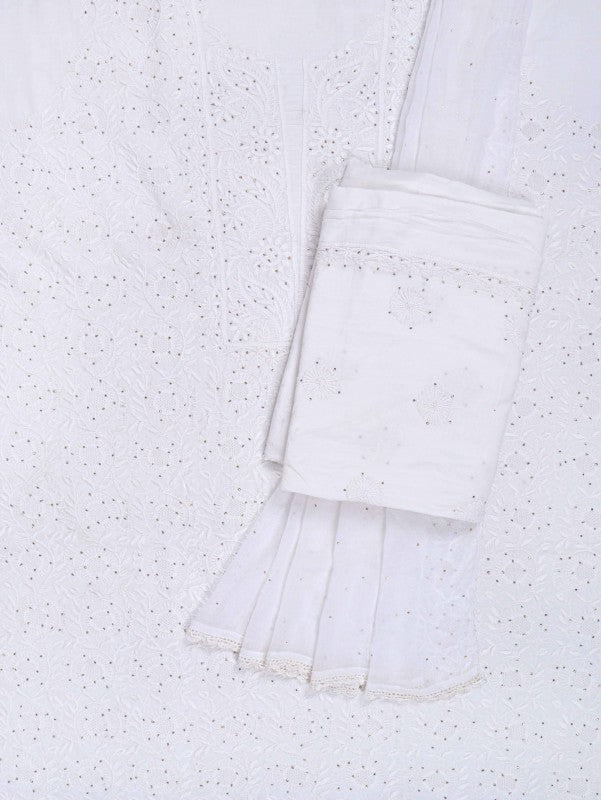 Ada Hand Embroidered White Cotton Lucknowi Chikankari Unstitched Suit Piece With Muqaish Work 01A207475