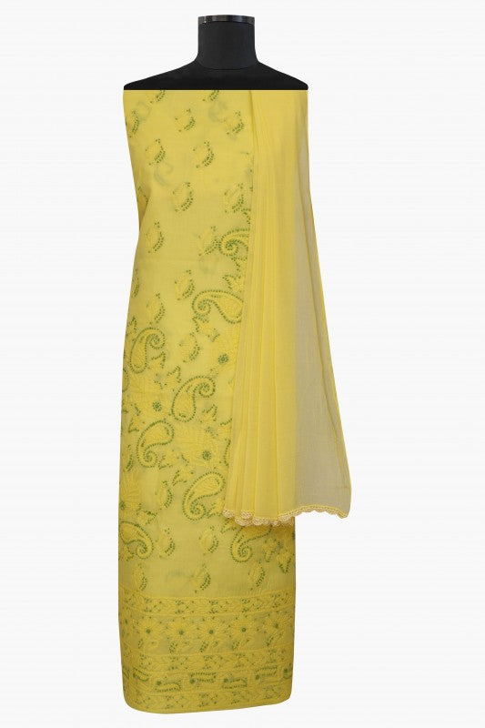Ada Hand Embroidered Yellow Cotton Lucknowi Chikan Unstitched Suit Piece–A100156