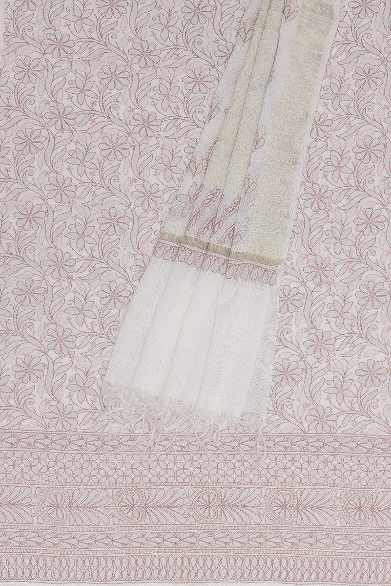 Ada Hand Embroidered Cream Chanderi Lucknowi Chikan Unstitched Kurta Dupatta Set  A586571