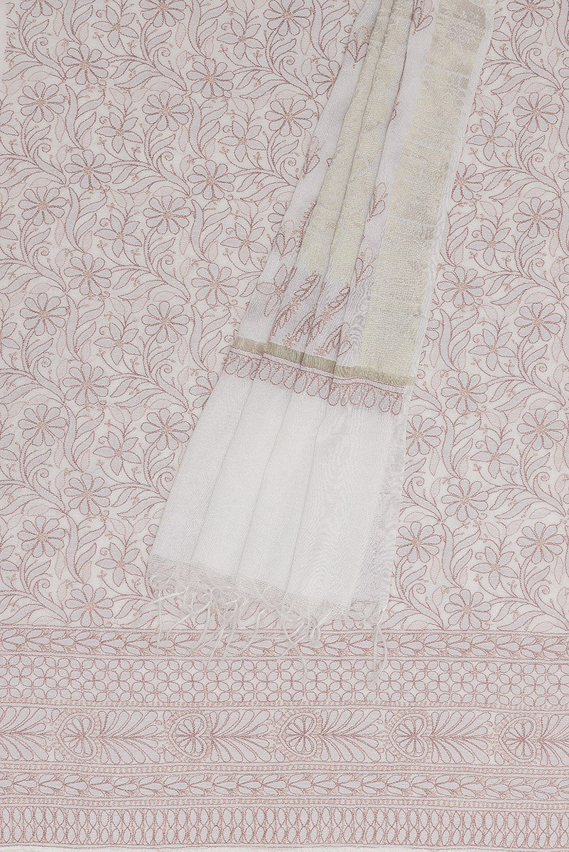 Ada Hand Embroidered Cream Chanderi Lucknowi Chikan Unstitched Kurta Dupatta Set  A586571