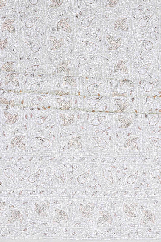 Ada Hand Embroidered White Georgette Lucknowi Chikan Unstitched Kurta Piece with Gota Patti Work A484637