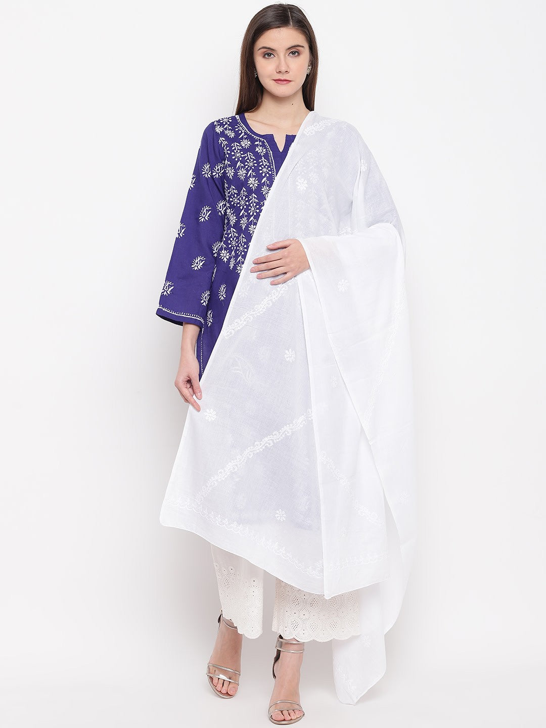 Ada Hand Embroidered White Cotton Lucknowi Chikankari Dupatta-A100272