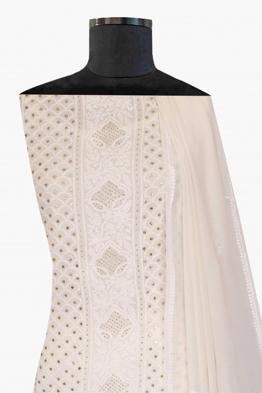 Ada Hand Embroidered White Pure Georgette Lucknowi Chikan Unstitched Kurta Dupatta With Muqaish Work–A560187