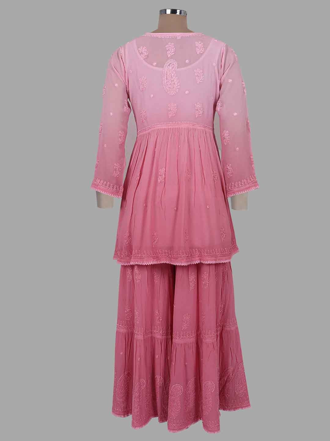 Ada Hand Embroidered Onion Pink Viscose Georgette Lucknowi Chikankari Kurta Dupatta And Palazzo Set 01A220225