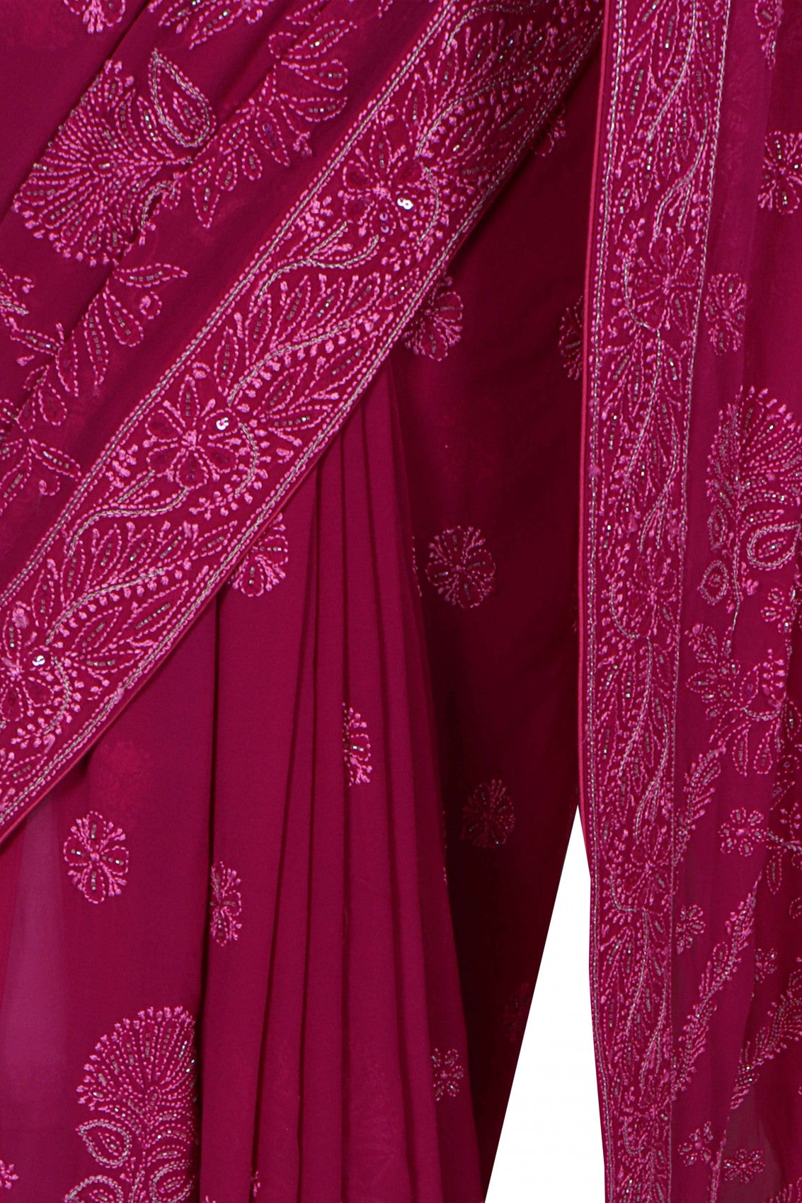 Ada Hand Embroidered Magenta Pure Georgette Lucknowi Chikankari Saree/Blouse Cutdana Work 01A246622