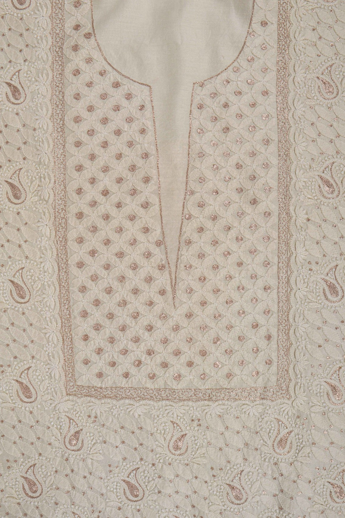 Ada Hand Embroidered Cream Chanderi Lucknowi Chikankari Unstitched Kurta Dupatta Set With Zari Work 01A105826