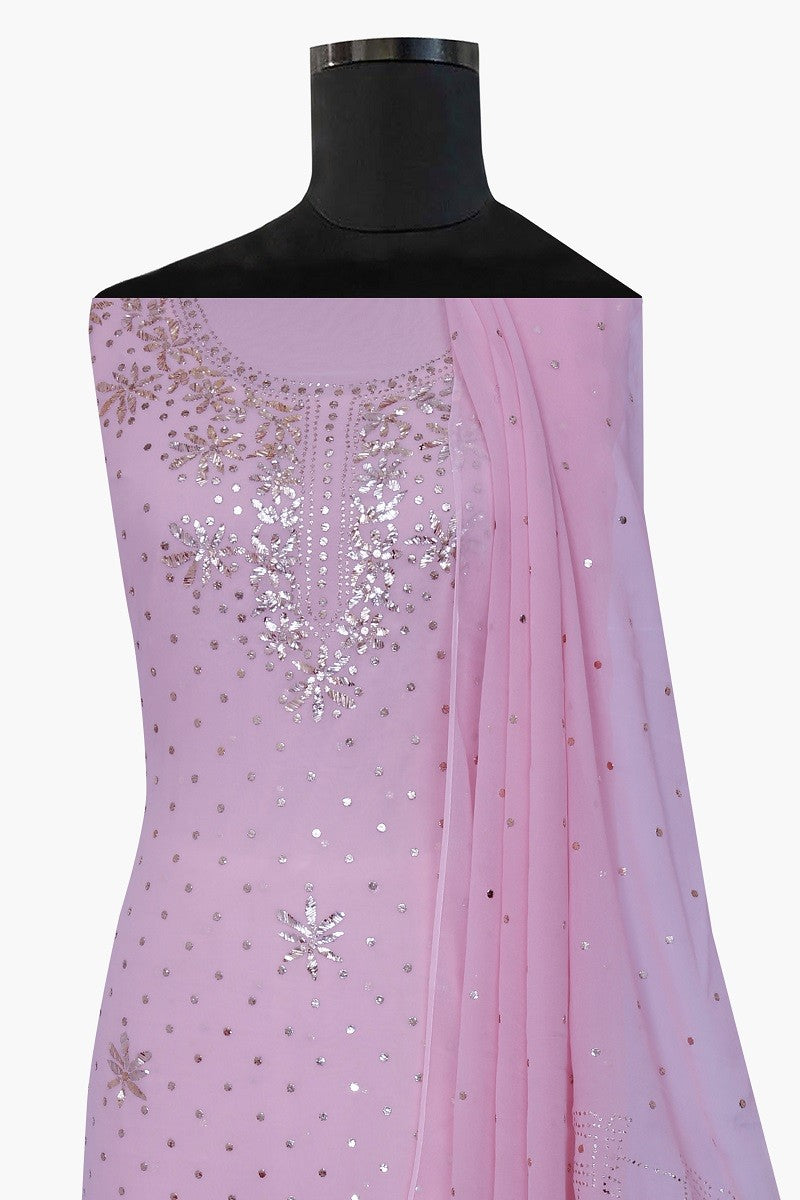 Ada Hand Embroidered Lemonade Pink Pure Georgette Lucknowi Chikan Unstitched Kurta Dupatta Set with Muqaish Work A580367
