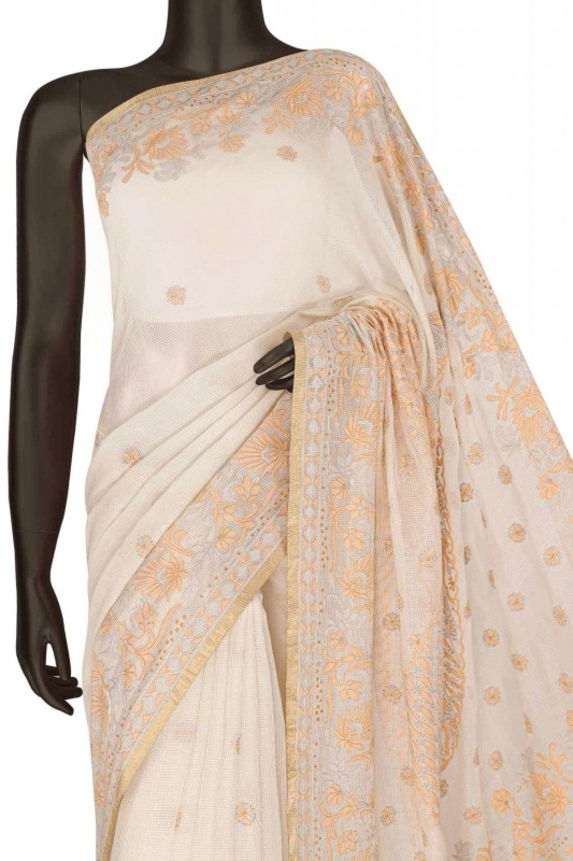 Ada Hand Embroidered Cream Chanderi Lucknowi Chikankari Saree With Blouse A148719