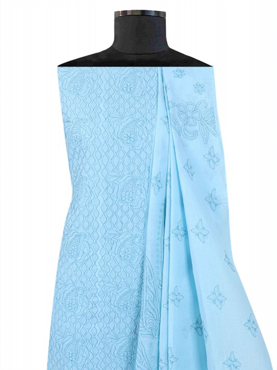 Ada Hand Embroidered Sky Blue Cotton Lucknowi Chikankari Unstitched Suit Piece A292559