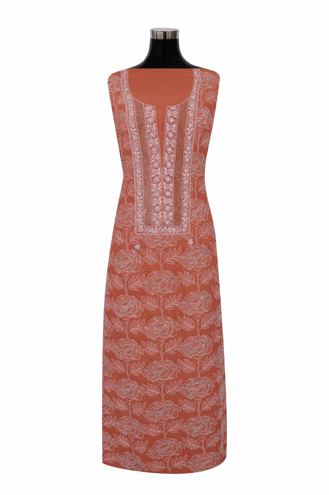 Ada Hand Embroidered Rust Pure Georgette Lucknowi Chikankari Unstitched Suit Piece With Muqaish Work A561330