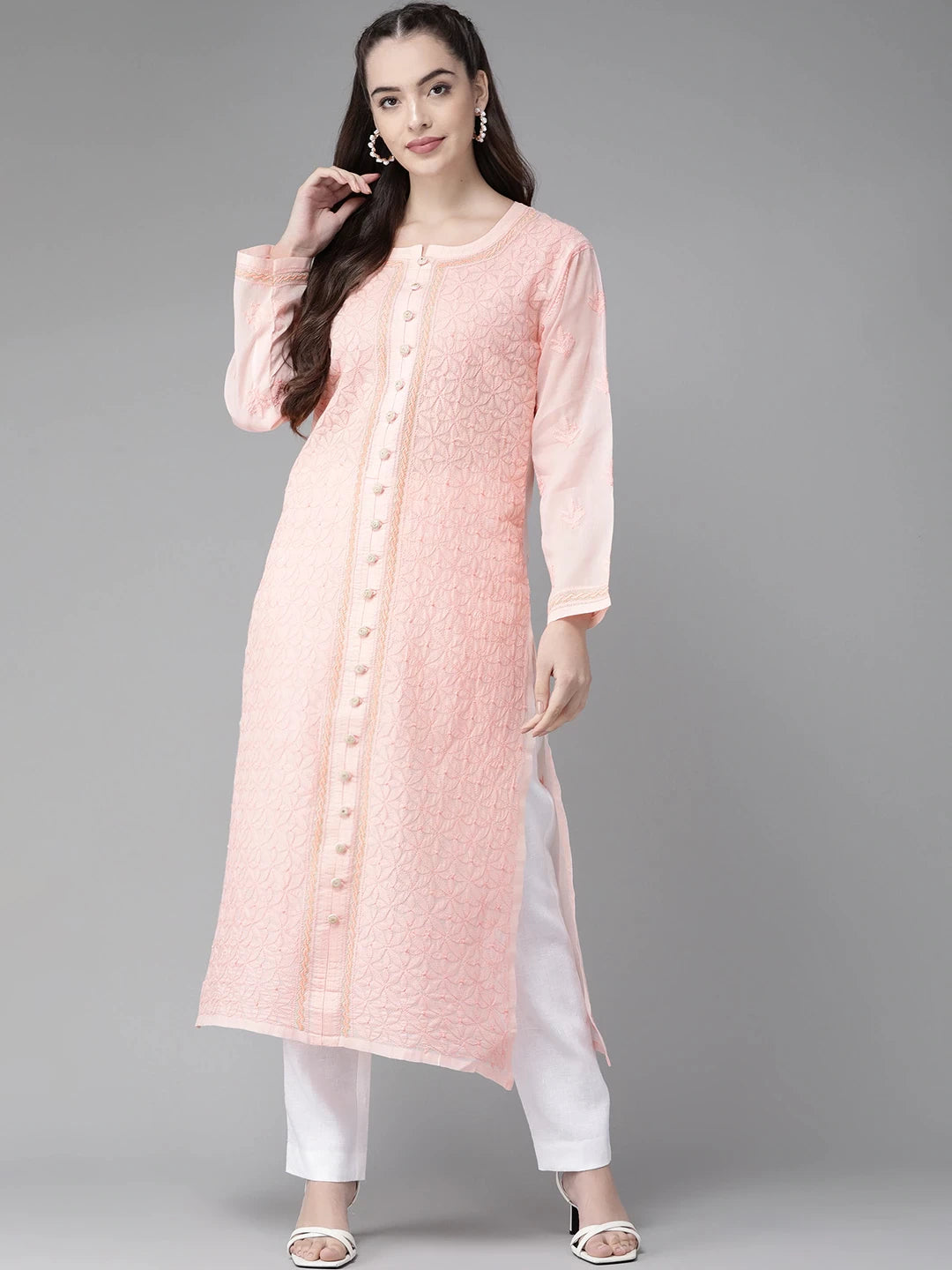 Ada Hand Embroidered Peach Cotton Lucknow Chikan Straight Kurta-A411249