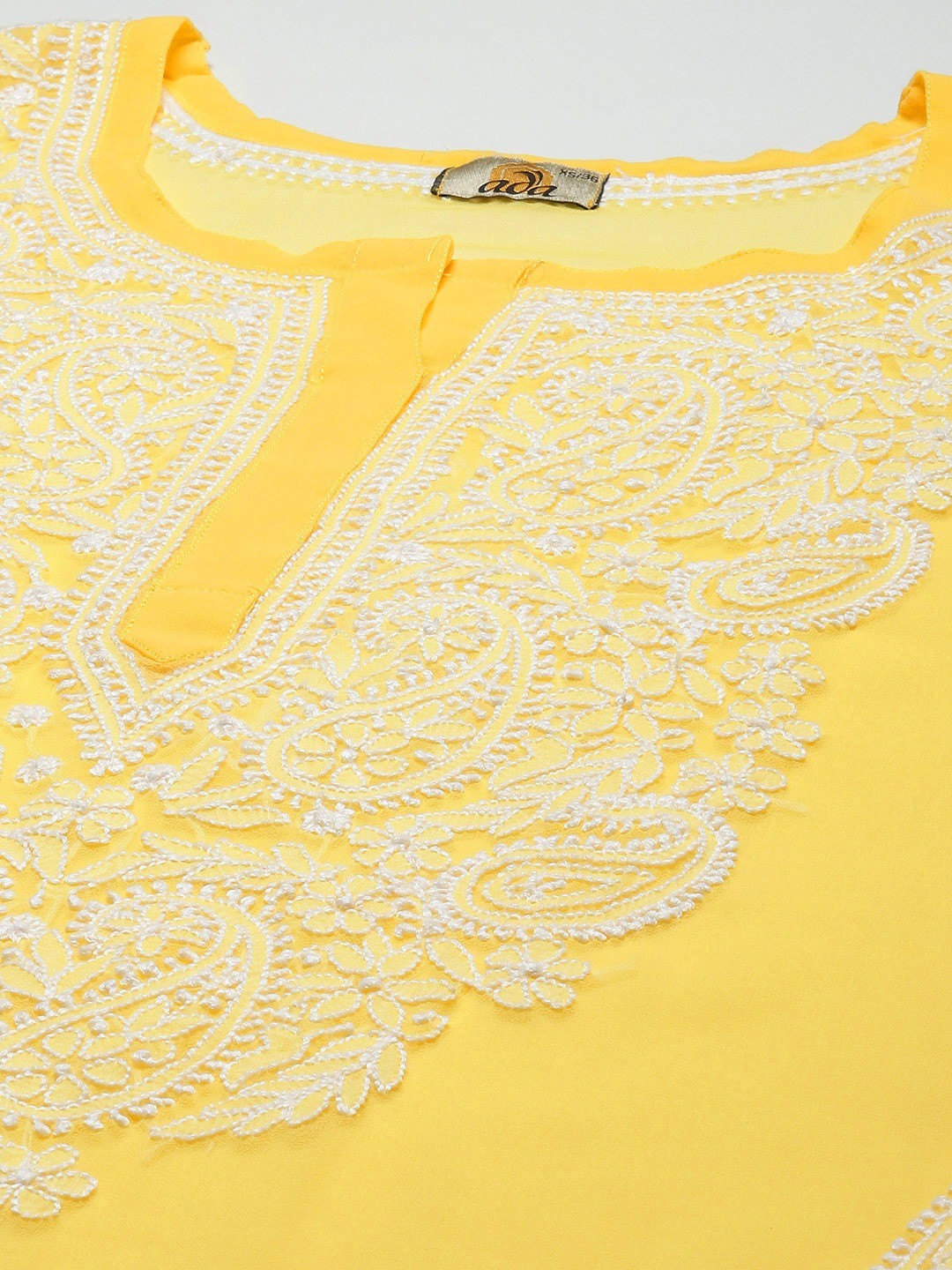 Ada Hand Embroidered Yellow Georgette Lucknow Chikan Kurta with Slip A411359
