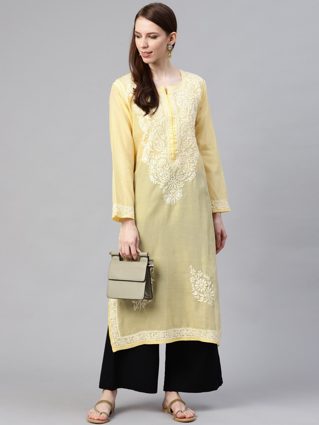 Ada Hand Embroidered Yellow Chanderi Lucknow Chikankari Kurta- A100597