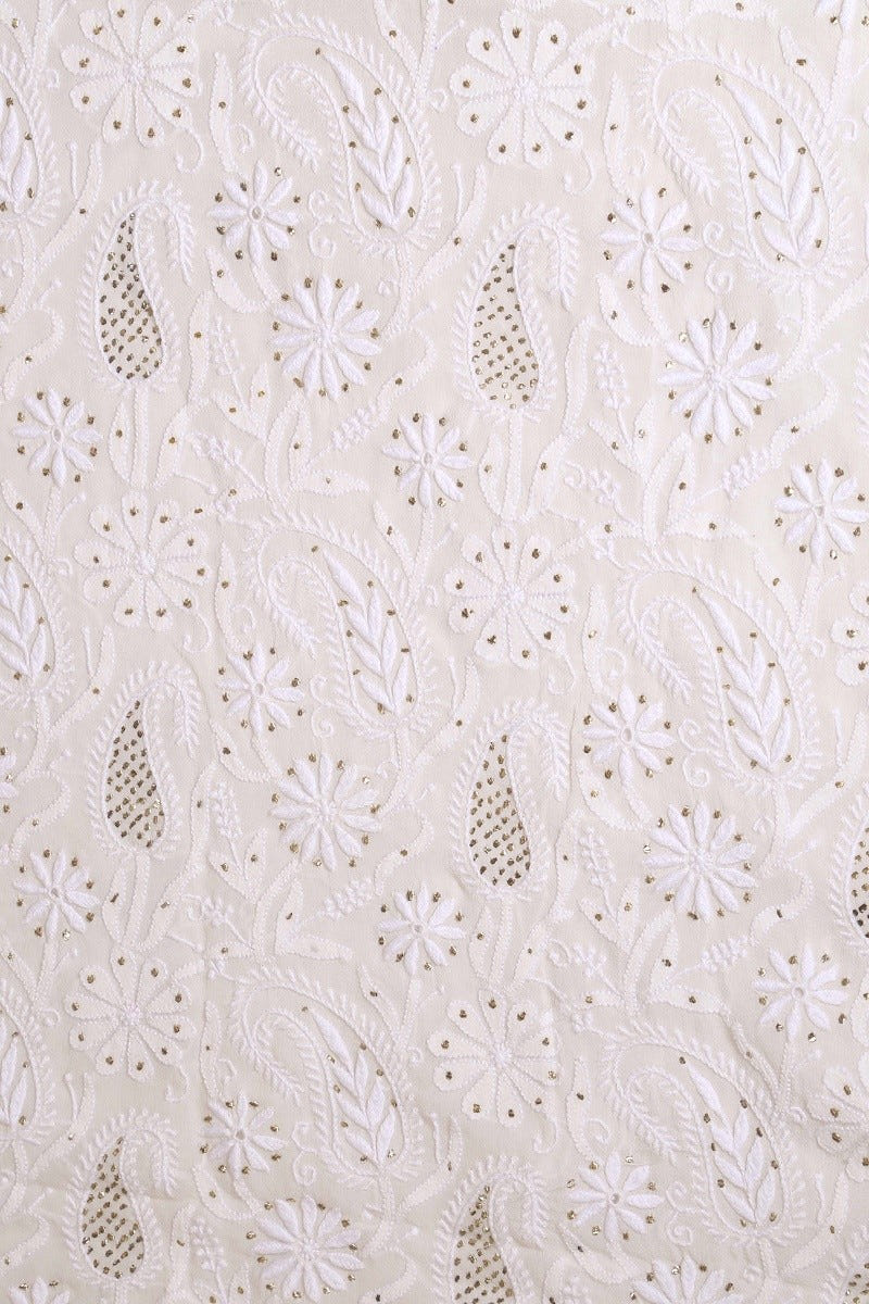 Ada Hand Embroidered White Pure Georgette Lucknowi Chikan Unstitched Kurta Dupatta Set With Muqaish Work - A482567
