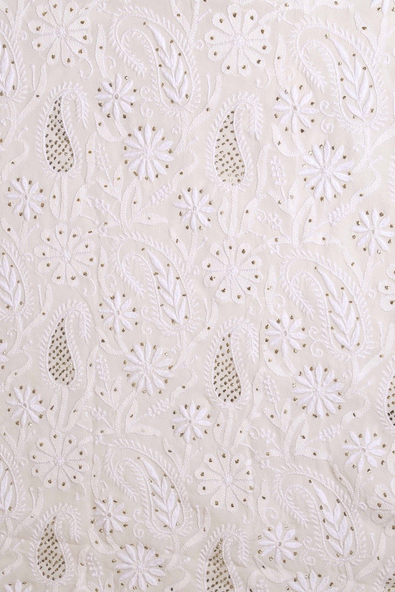 Ada Hand Embroidered White Pure Georgette Lucknowi Chikan Unstitched Kurta Dupatta Set With Muqaish Work - A482567